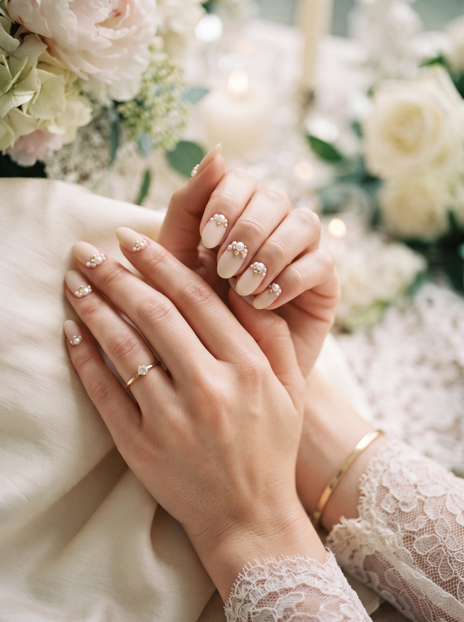 Close-up of elegant nude matte nails decorated with small pearl accents.