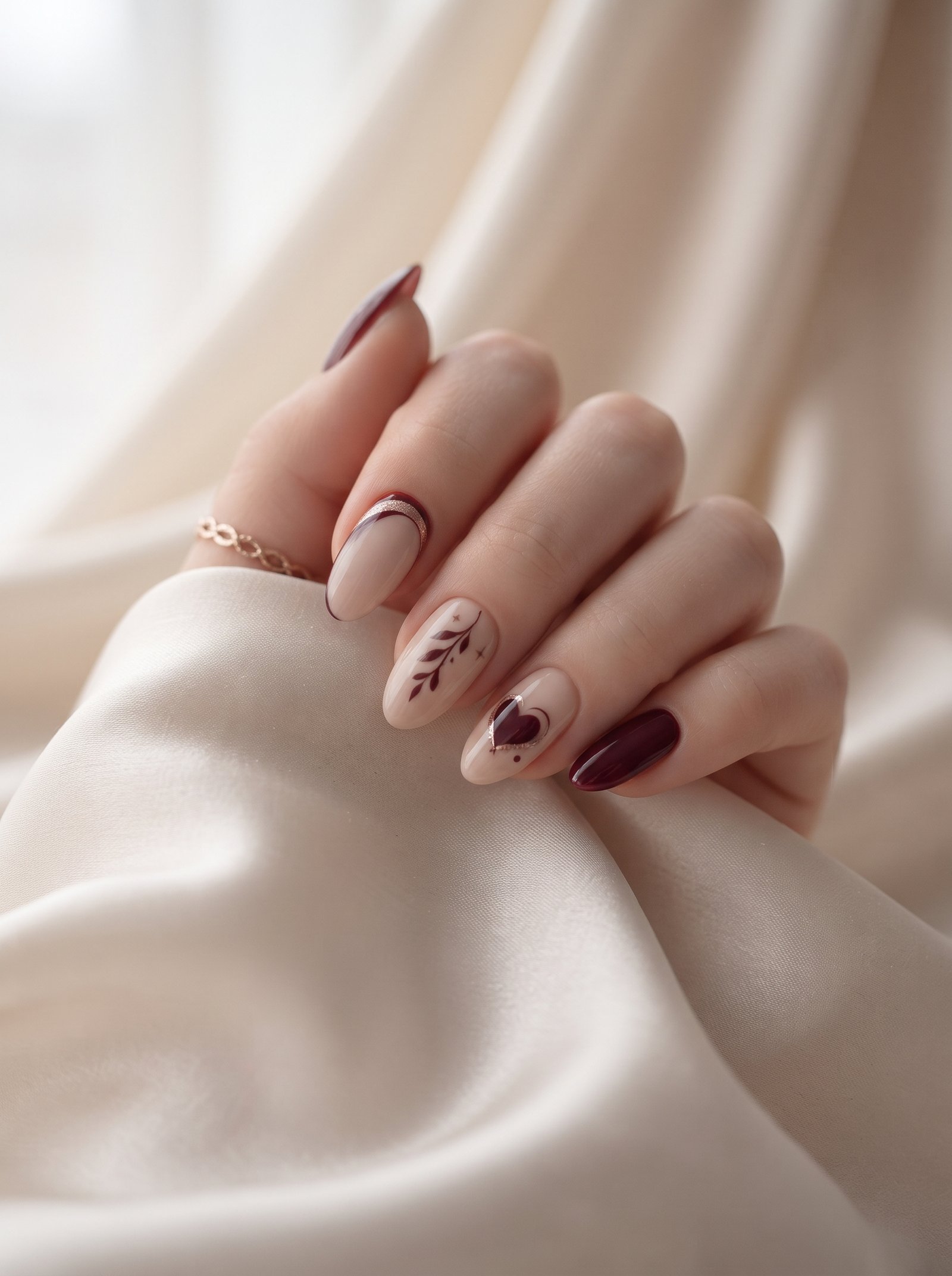 Close-up of a beautifully manicured hand with elegant cream minimalist nails gently touching a soft cream silk scarf.