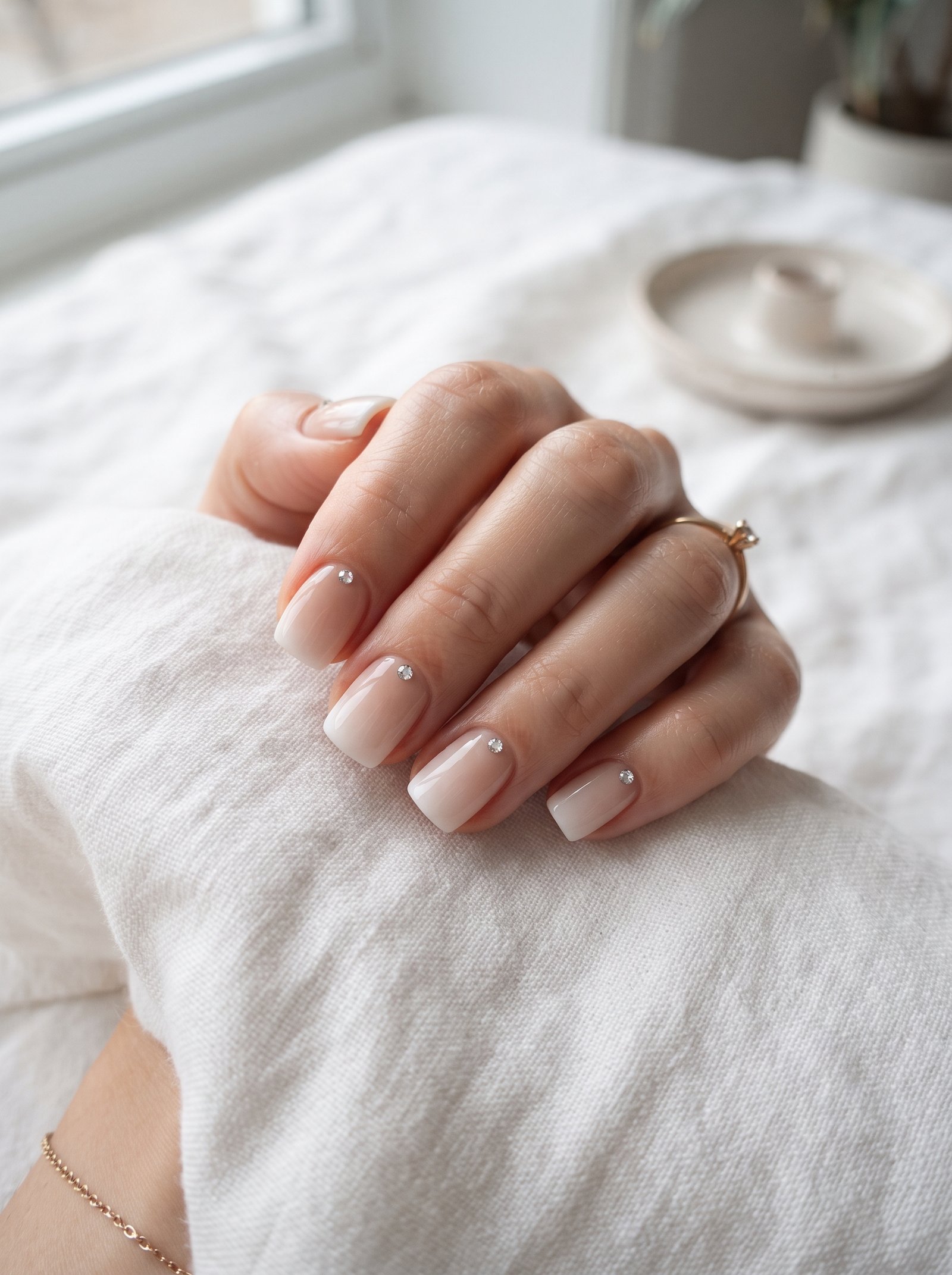 Close-up of a seamless French fade ombre manicure featuring a soft gradient from pink to white.