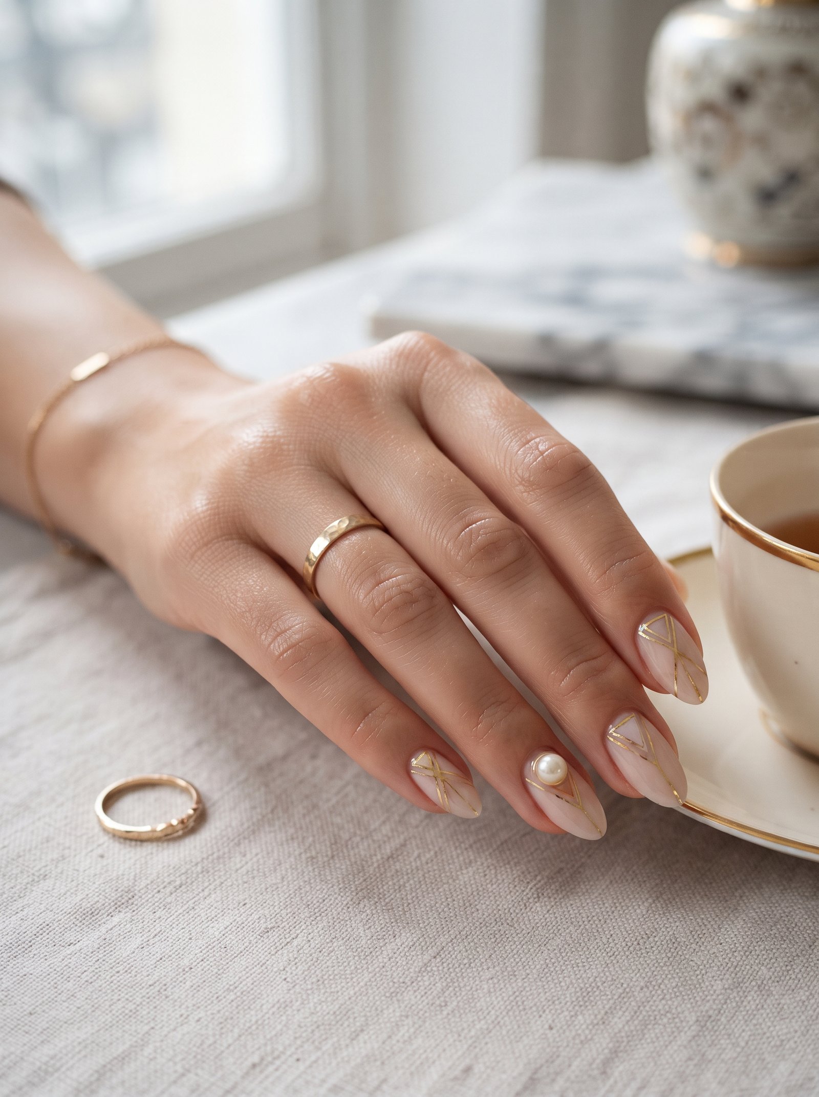Geometric line art and gold foil accent nail design on almond shaped nails