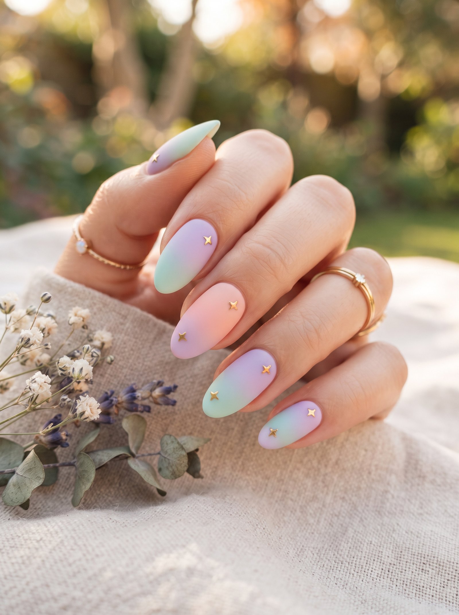 2026 trending pastel rainbow ombre gradient design on long almond nails