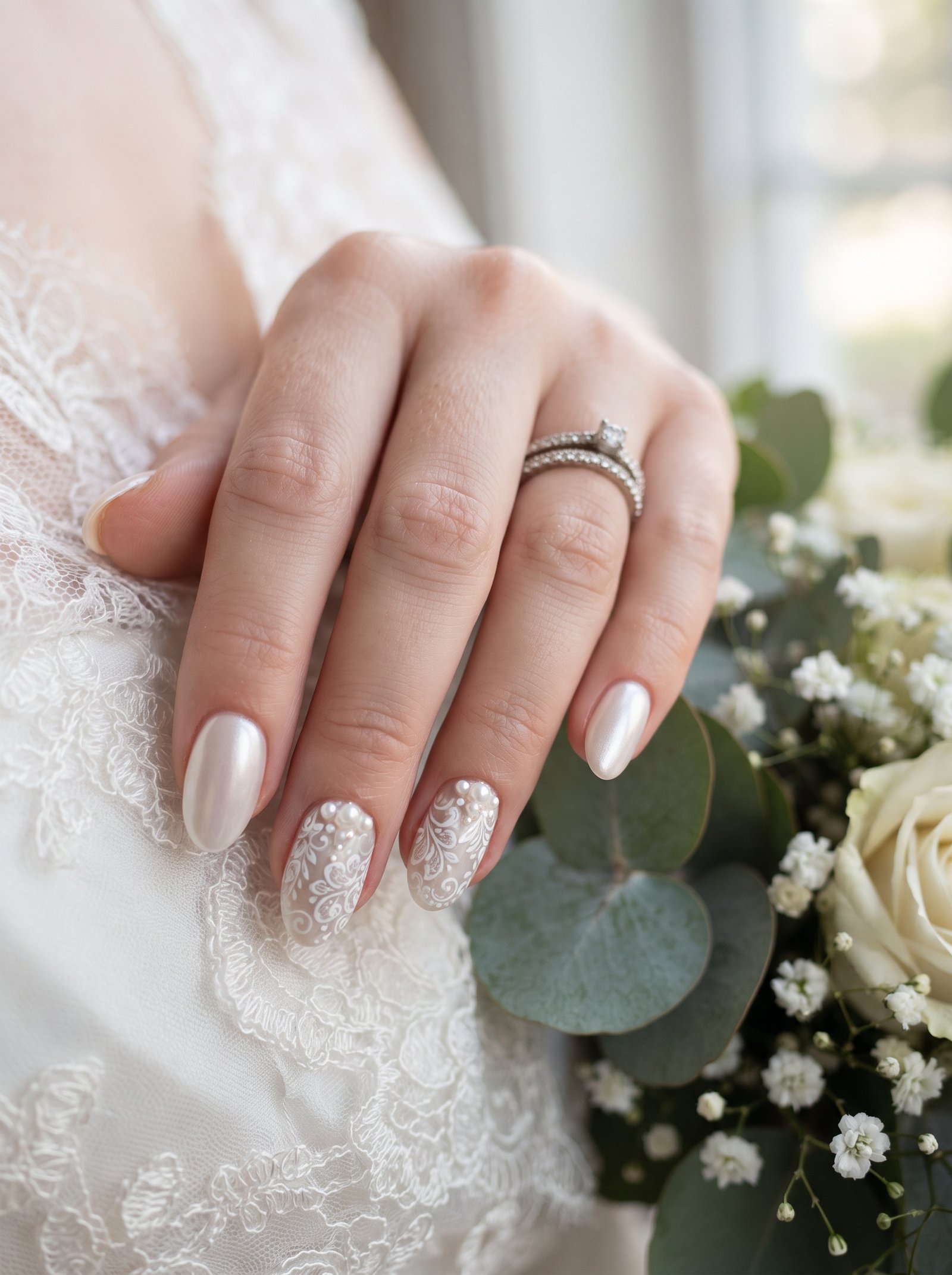 2026 trending bridal lace and pearl nail art design with 3D pearls on milky nude nails