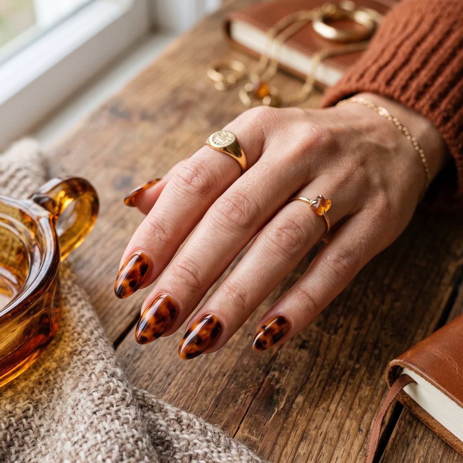Trendy tortoiseshell pattern nails with glossy translucent amber and dark brown details