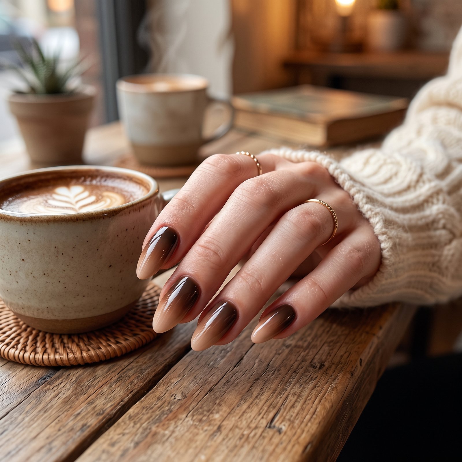 Rich brown ombré gradient nails blending deep chocolate brown tips into a soft nude base