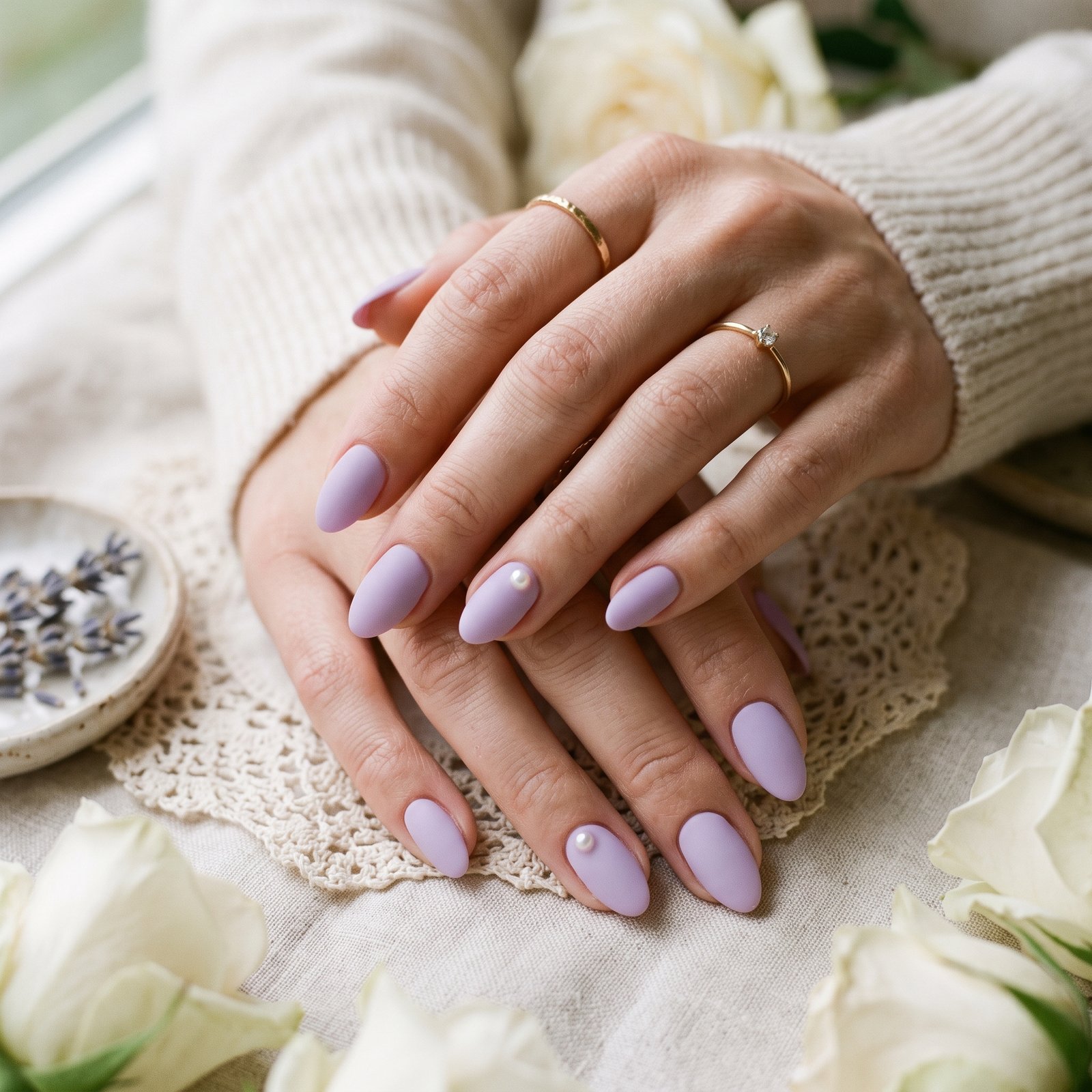 Pastel lavender nails decorated with 3D pearl charm accents