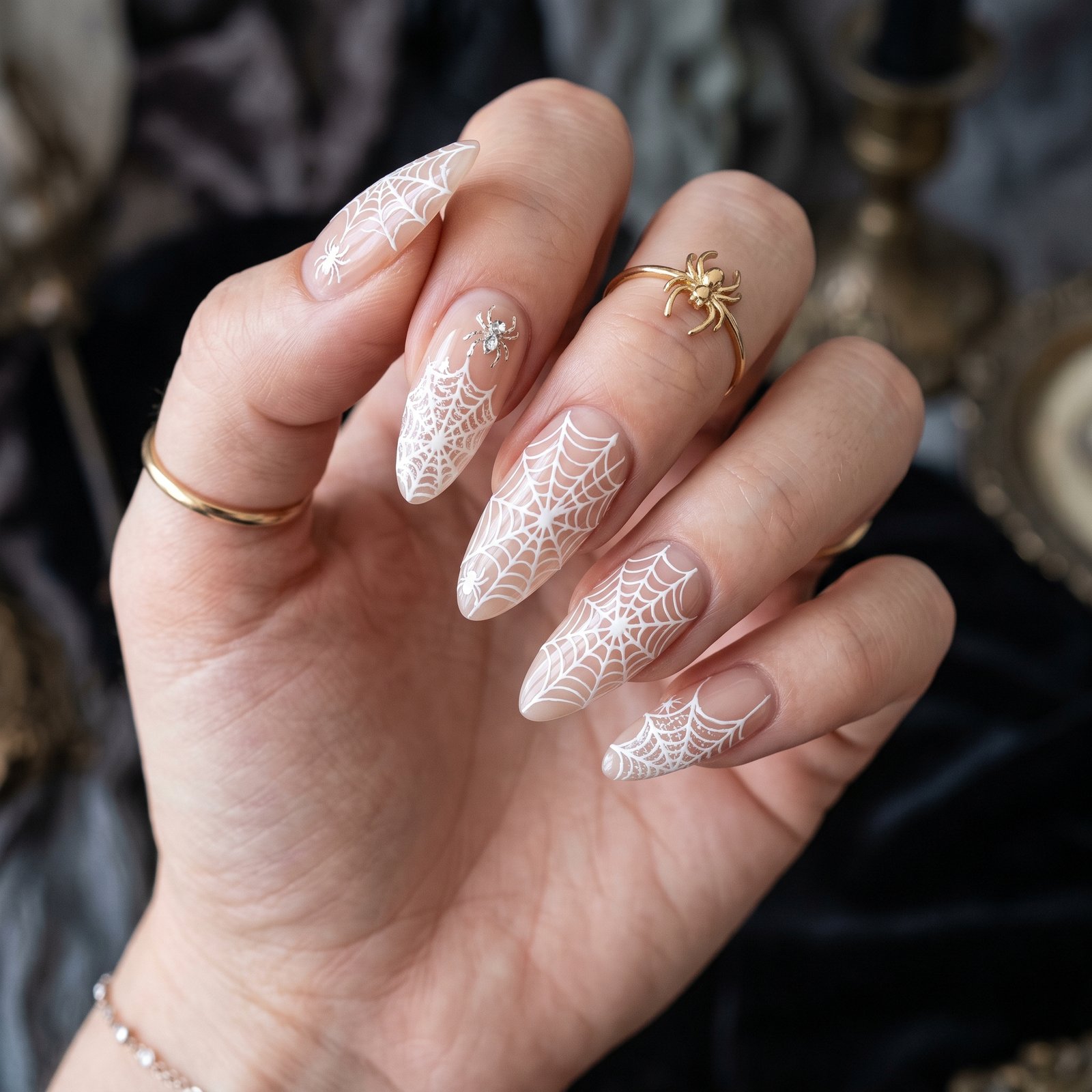 Intricate white spiderweb nail art painted over a dramatic black background.
