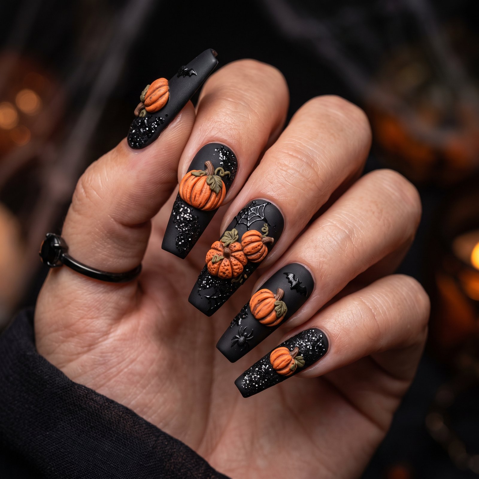 Coffin-shaped Halloween nail design featuring cute hand-painted pumpkins and warm autumn orange polish.