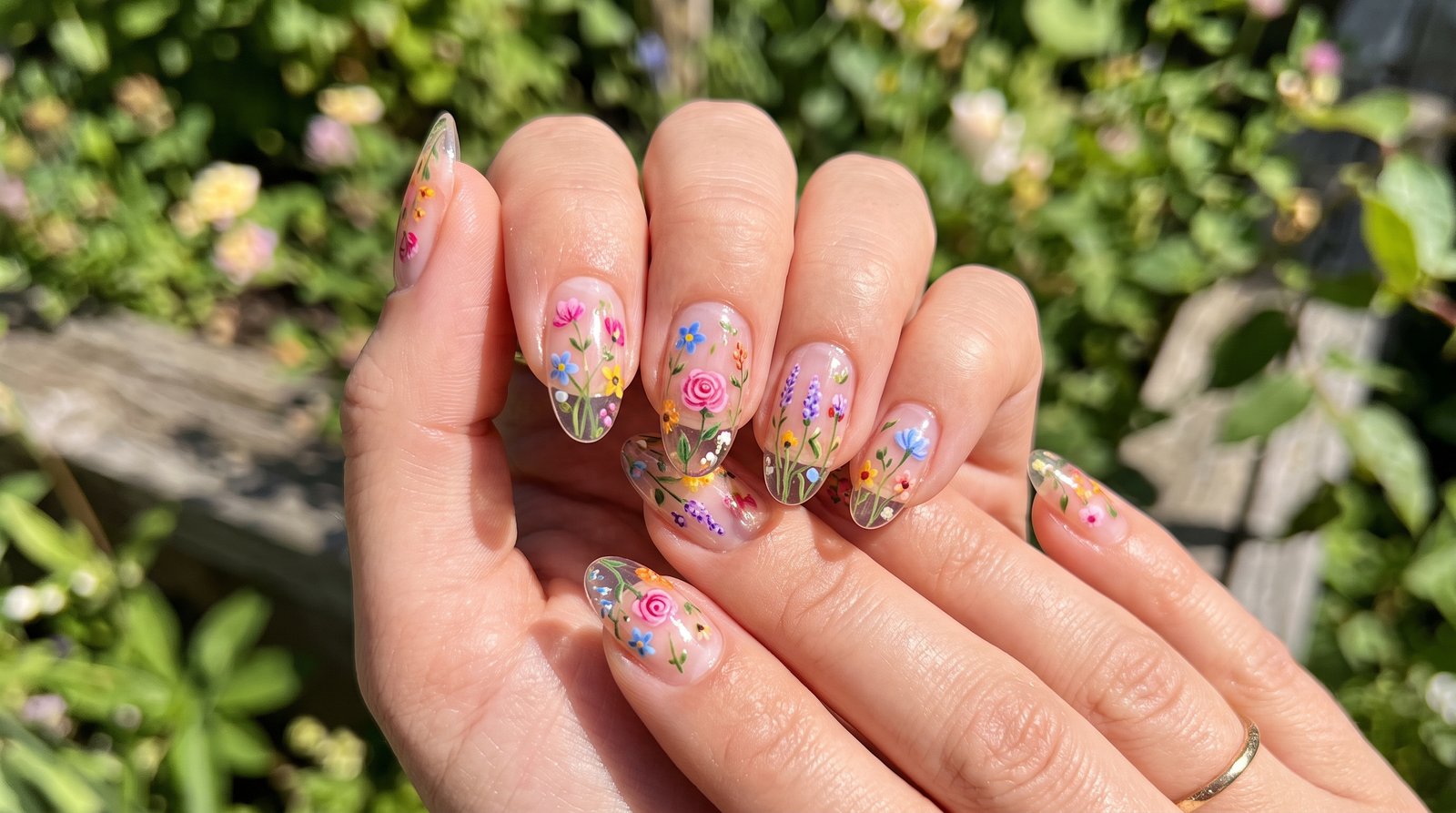 Solar-activated floral nail art design changing colors under UV sunlight with intricate hand-painted flowers and leaf accents