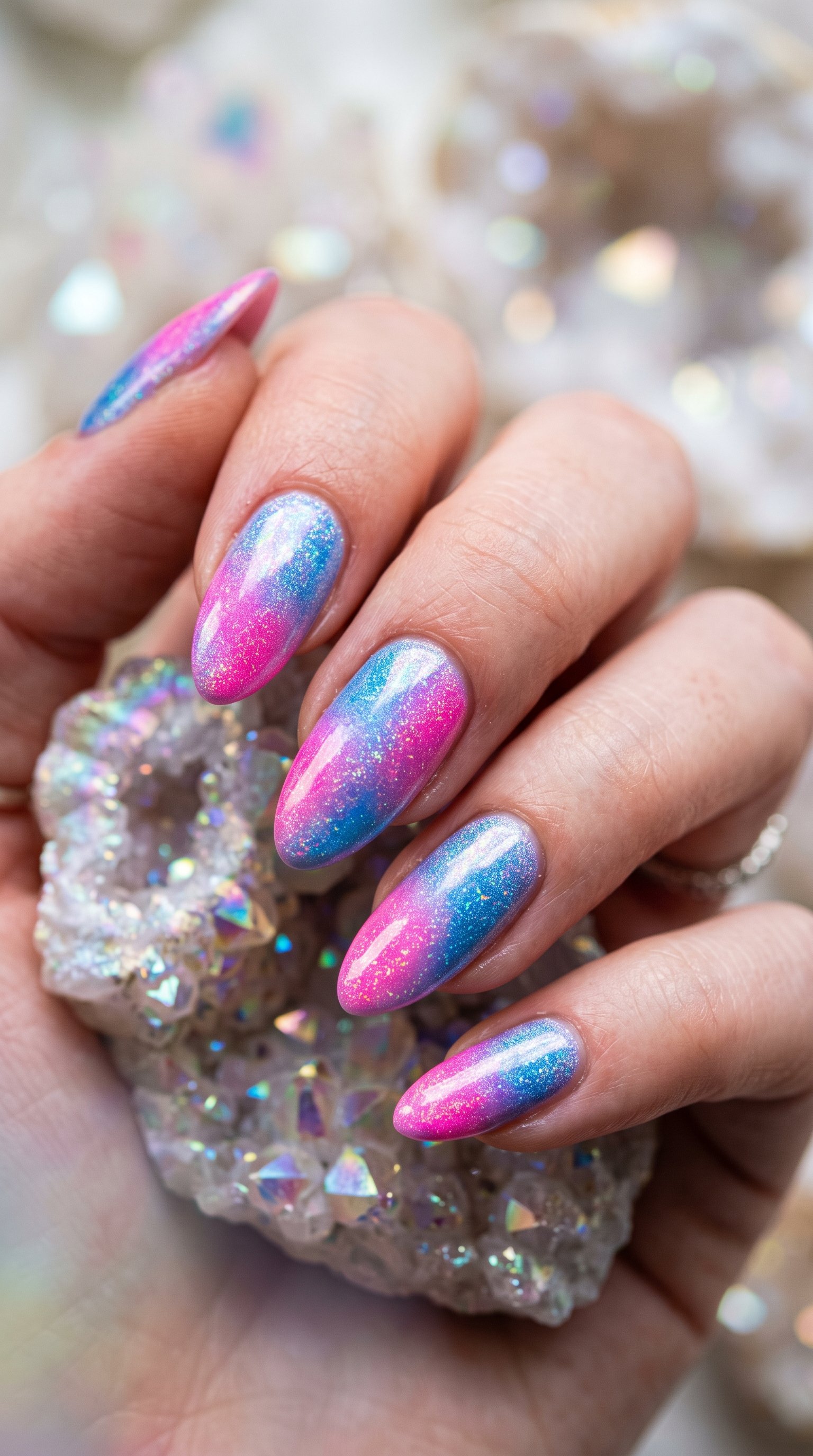 Aura quartz nail art design featuring iridescent crystal shimmer and soft pastel gradient halo centers on acrylic nails