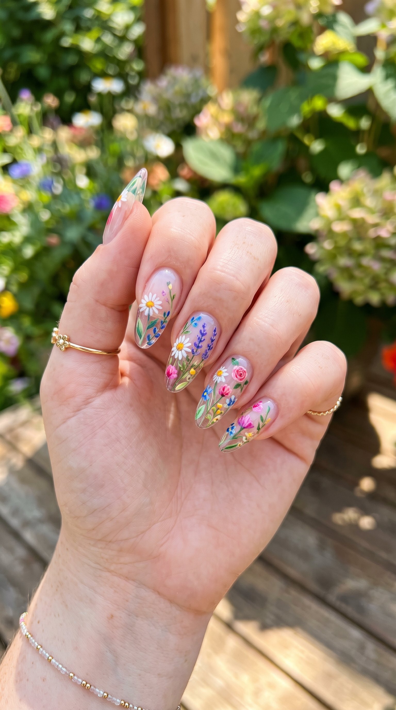 Solar-activated floral nail art design changing colors under UV sunlight with intricate hand-painted flowers and leaf accents