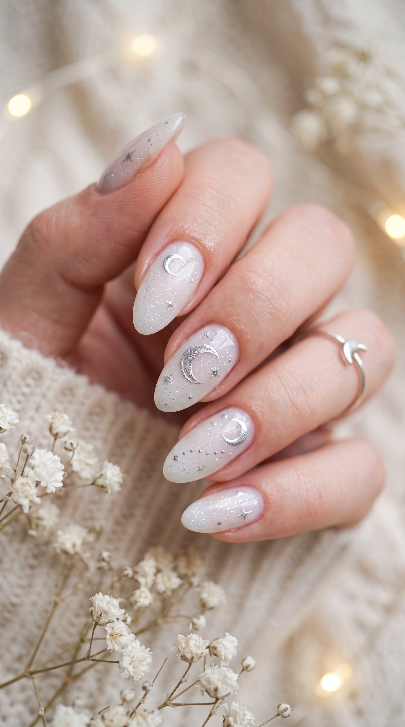 Celestial moondust nail art featuring dark navy polish, iridescent silver shimmer, and metallic crescent moon accents.