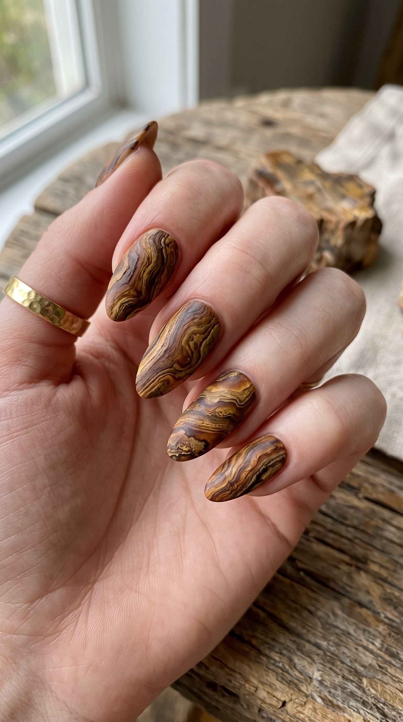 Earthy petrified wood nail art featuring rich brown woodgrain lines and subtle gold accents.