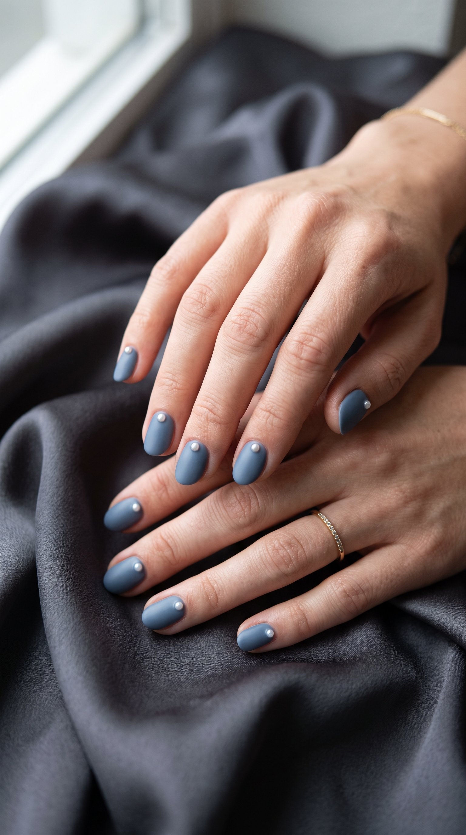 Elegant manicure featuring subtle nail polish decorated with delicate pearl embellishments.