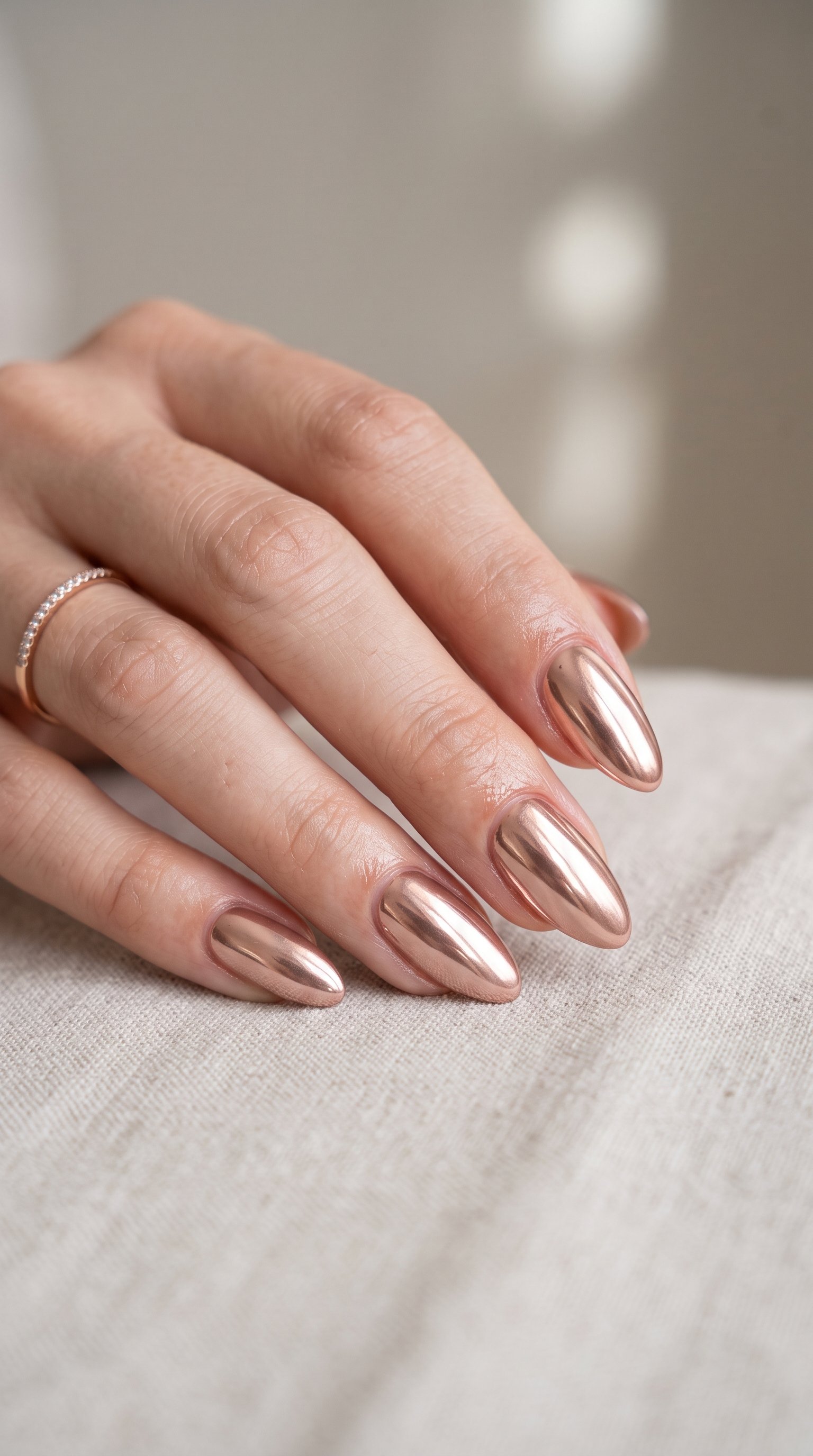 Stunning rose gold chrome nail art featuring a high-shine metallic mirror finish.
