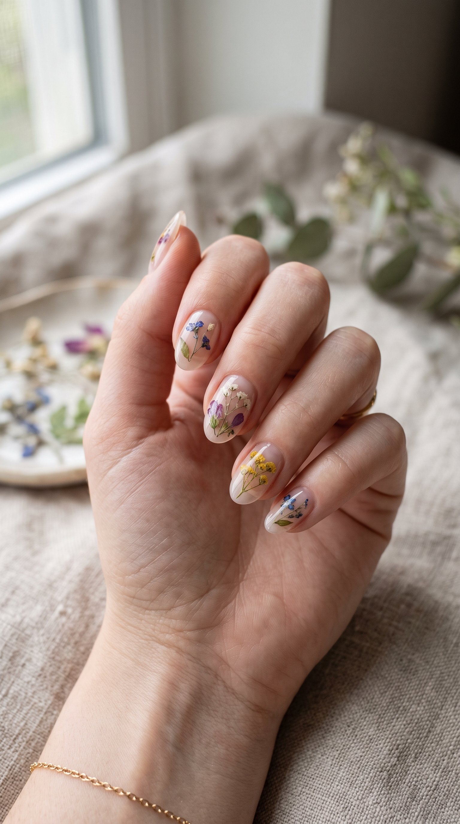 A hand with clear, milky oval nails featuring small encapsulated real dried flowers in blue, purple, and yellow tones.