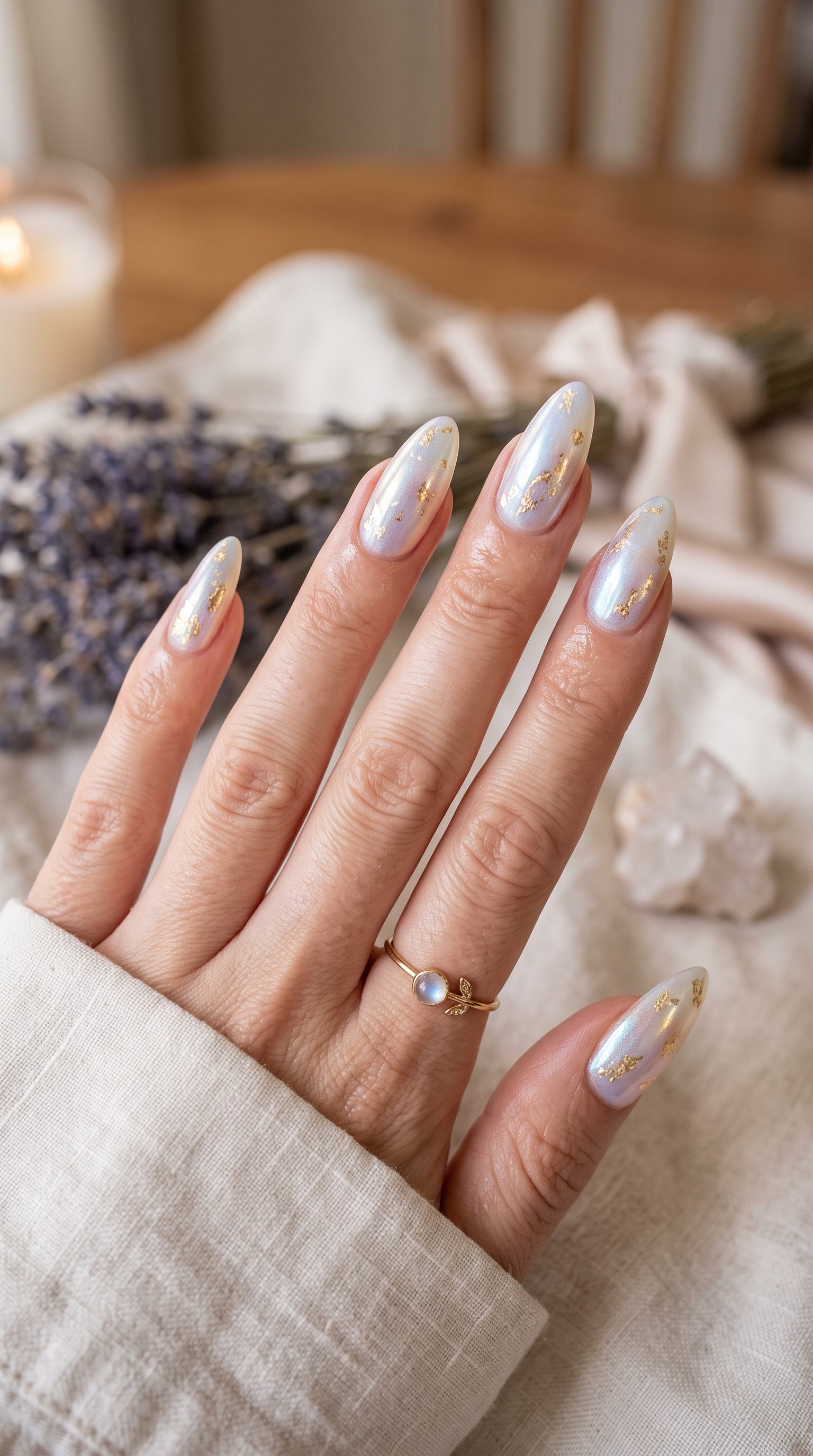 A hand with long almond-shaped iridescent opal gel nails shimmering with subtle blue-purple hues and small flecks of gold foil.