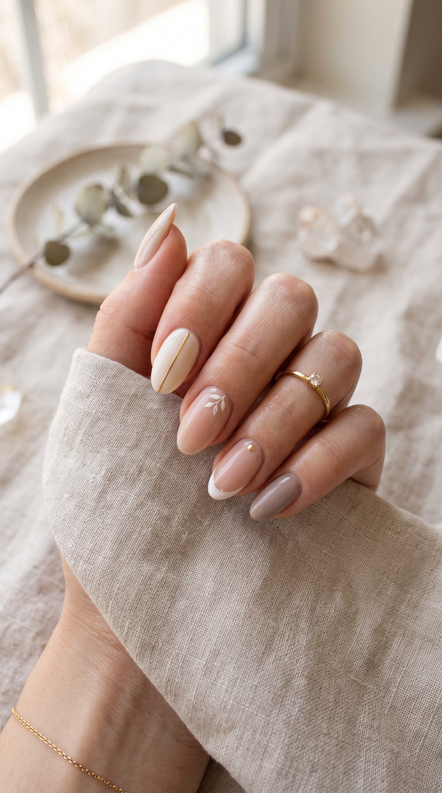 Close-up of elegant minimalist almond-shaped nails with neutral polish, fine gold lines, a micro French tip, and delicate white leaf art.