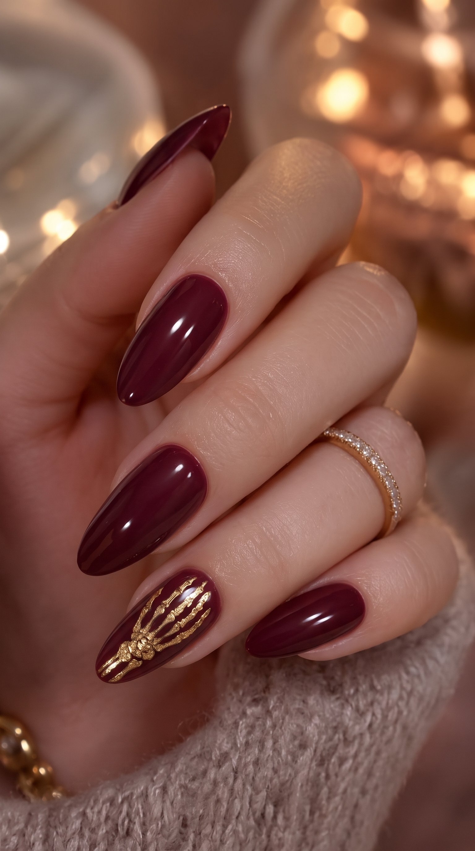 Glossy deep maroon almond nails featuring a metallic gold skeleton hand accent design.