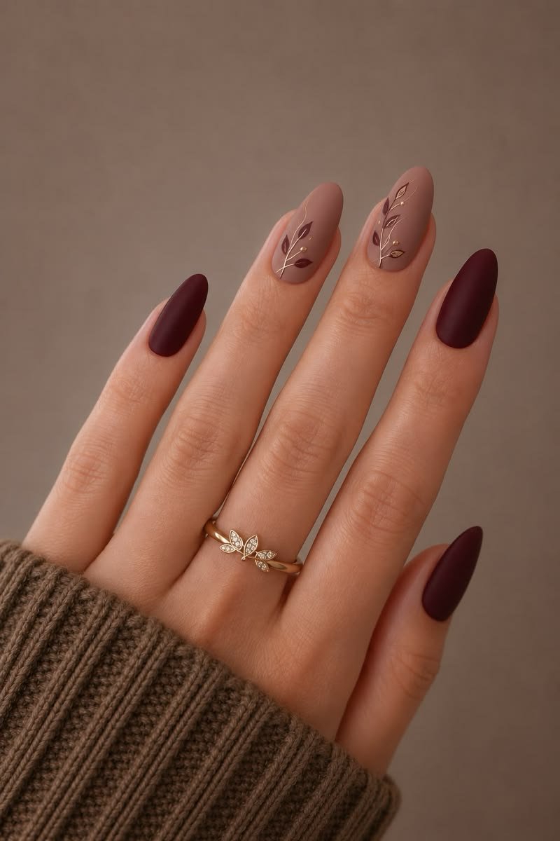 Matte burgundy almond nails with two nude accent nails featuring fine-line dark leaf branch art and subtle gold accents.