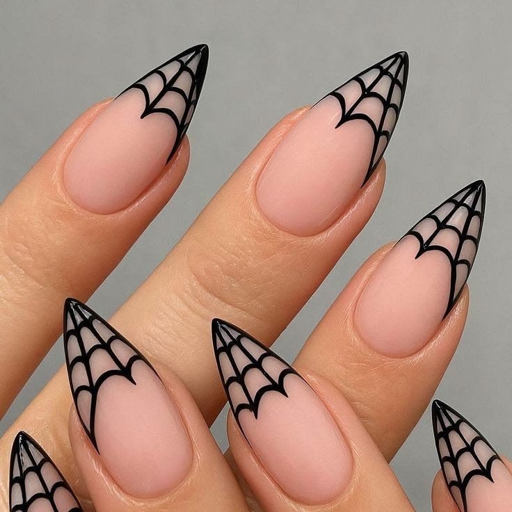 Black Spider Web French Tip Nails for Halloween