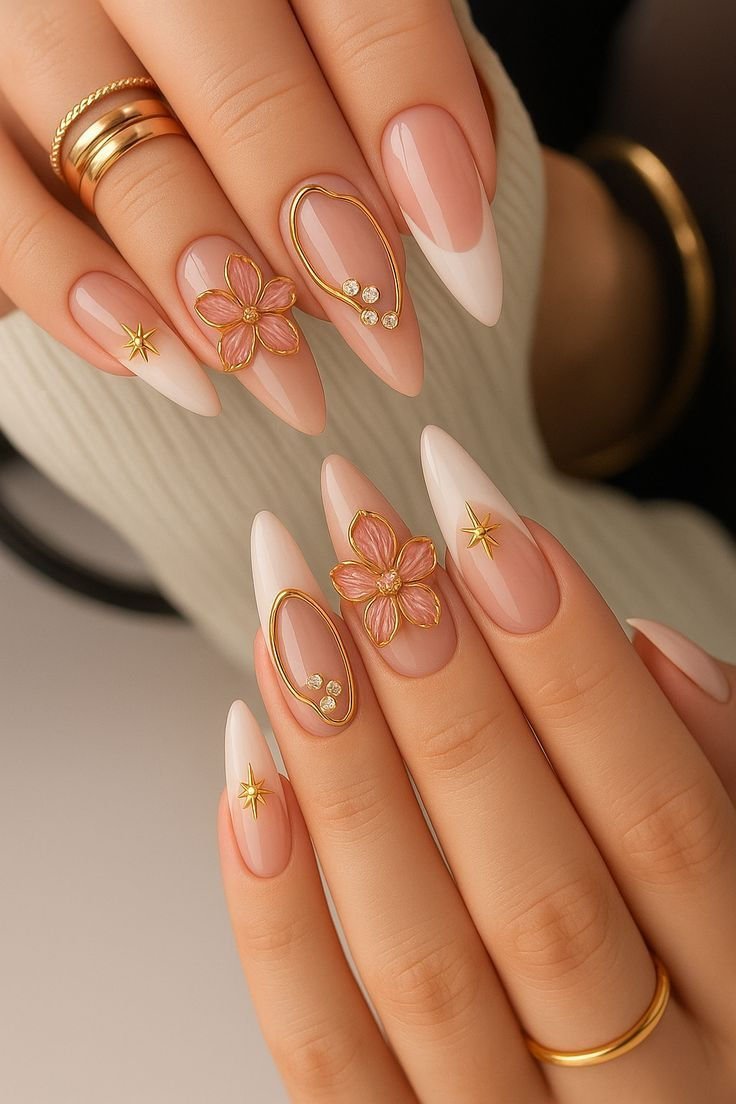 Soft pink French tips, golden floral accents, and delicate crystals make this almond manicure effortlessly elegant. Explore styling ideas for weddings, parties, and everyday glam.
