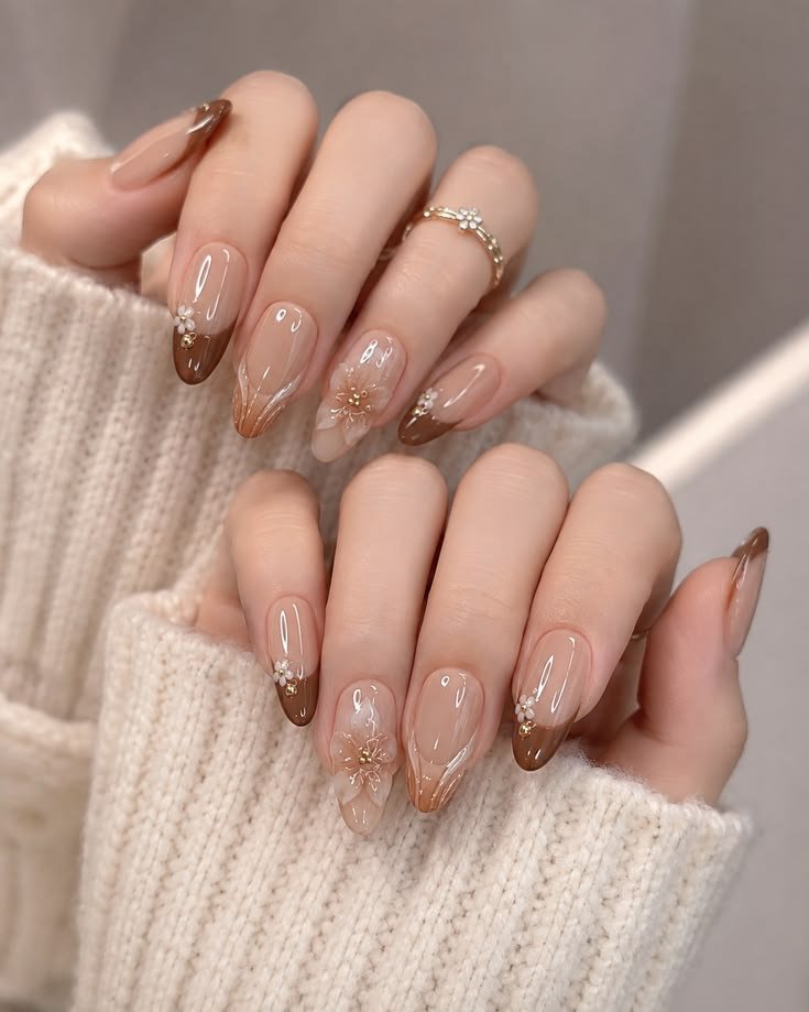Elegant Brown Floral French Tip Nails with Gold Accents