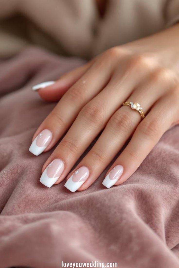 Coffin-shaped nude nails with white French tips and fine silver glitter details.