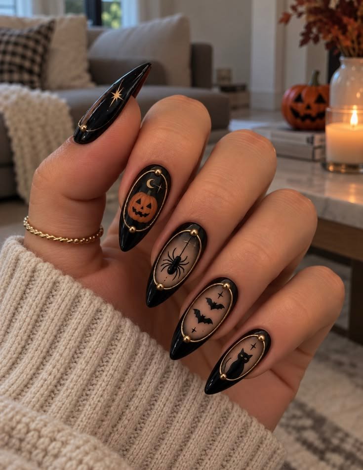 Long black almond-shaped Halloween nails featuring framed translucent panels with a pumpkin, spider, bats, and a black cat accented with gold studs