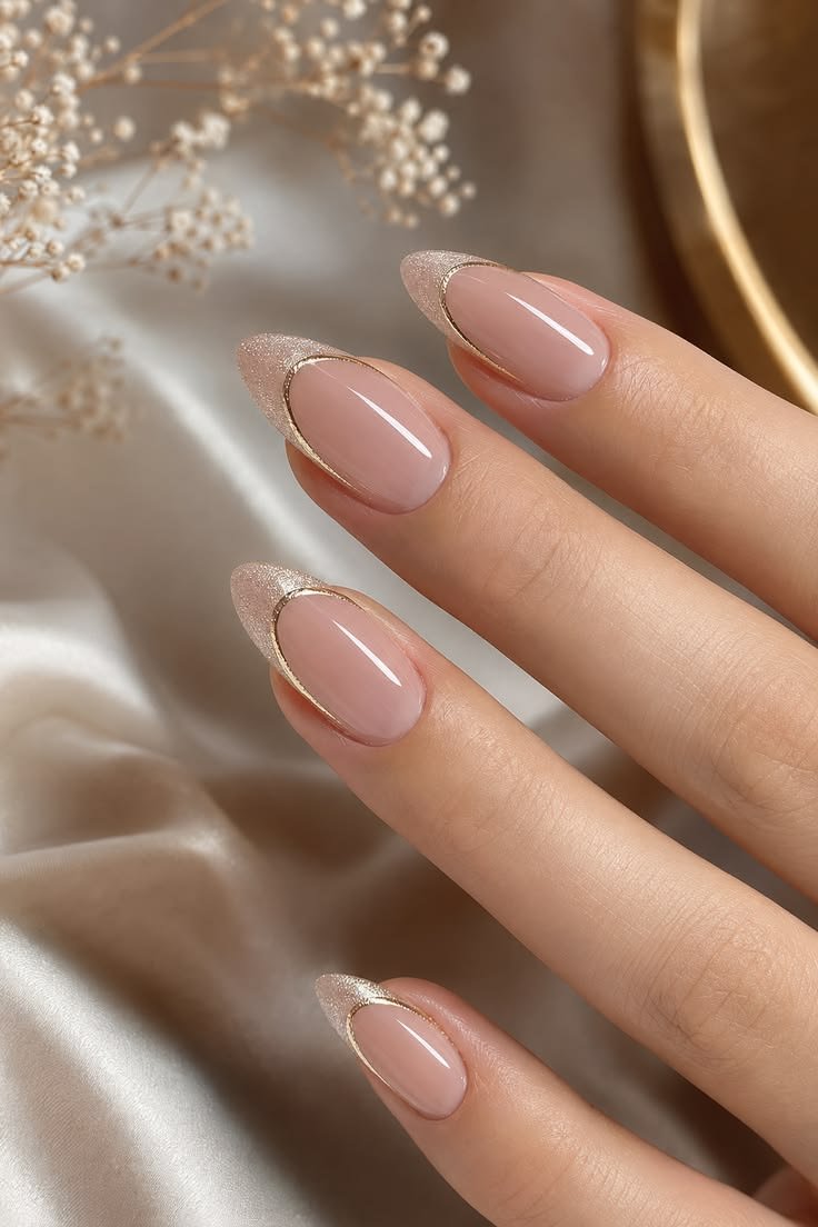 Close-up of elegant almond-shaped nails featuring sparkling glitter French tips outlined in fine metallic gold on a nude base.