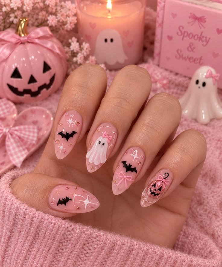 Close-up of pink almond nails featuring cute ghost art with a pink bow, black bats, sparkles, and a glittery pumpkin surrounded by pink Halloween decor.